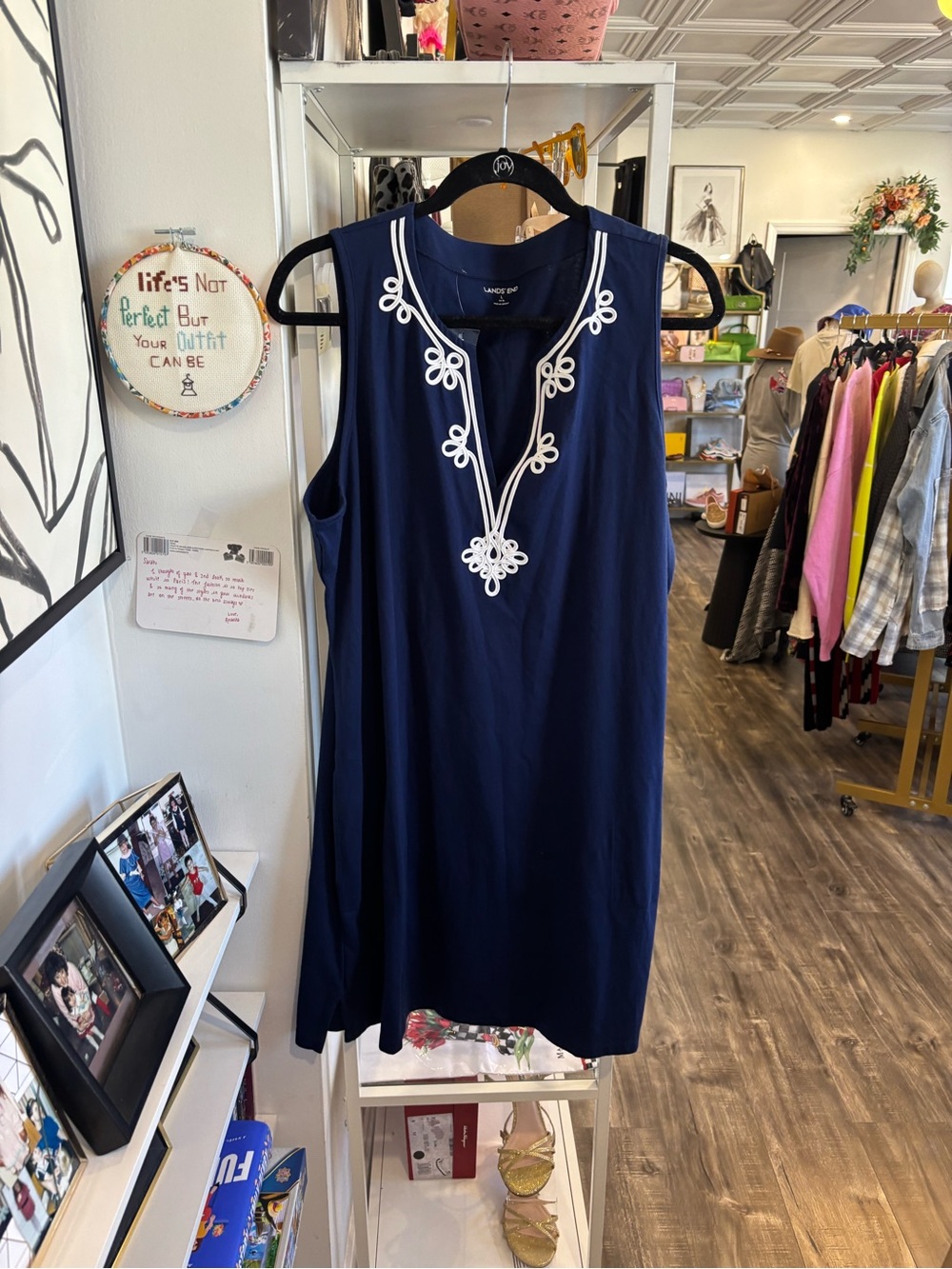 Lands' End Navy Sleeveless Tunic with White Embroidered Neckline NWT